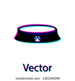 Black Pet food bowl for cat or dog icon isolated on white background. Dog or cat paw print. Vector Illustration