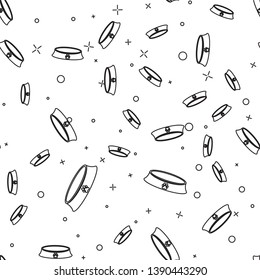 Black Pet food bowl for cat or dog icon isolated seamless pattern on white background. Dog or cat paw print. Vector Illustration