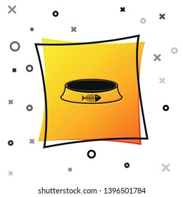 Black Pet food bowl for cat or dog icon isolated on white background. Fish skeleton sign. Yellow square button. Vector Illustration