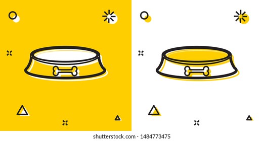 Black Pet food bowl for cat or dog icon isolated on yellow and white background. Dog bone sign. Random dynamic shapes. Vector Illustration