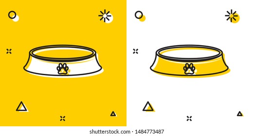 Black Pet food bowl for cat or dog icon isolated on yellow and white background. Dog or cat paw print. Random dynamic shapes. Vector Illustration