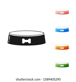 Black Pet food bowl for cat or dog icon isolated on white background. Dog bone sign. Set icons colorful. Vector Illustration
