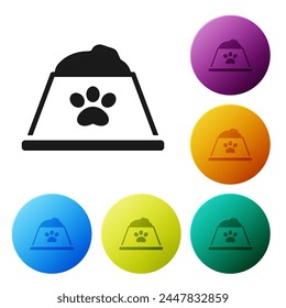 Black Pet food bowl for cat or dog icon isolated on white background. Dog or cat paw print. Set icons in color circle buttons. Vector