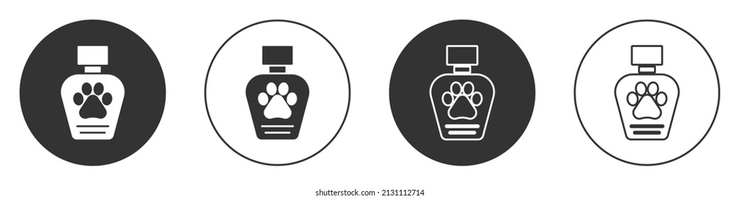 Black Pet shampoo icon isolated on white background. Pets care sign. Dog cleaning symbol. Circle button. Vector