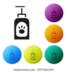 Black Pet shampoo icon isolated on white background. Pets care sign. Dog cleaning symbol. Set icons in color circle buttons. Vector
