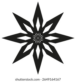 Ícone de pétala preta. Padrão de flor radial. Emblema de vetor geométrico. Design de estrela minimalista.