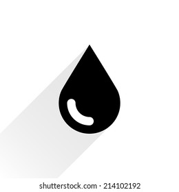 Black petroleum drop icon with gray long shadow on white background. Simple, solid, plain, flat style. This vector illustration graphic web design element saved in 8 eps