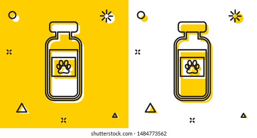 Black Pets vial medical icon isolated on yellow and white background. Prescription medicine for animal. Random dynamic shapes. Vector Illustration