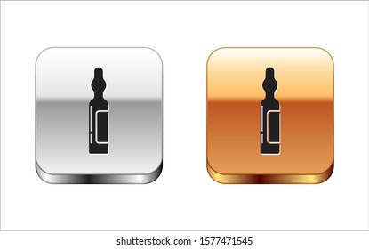 Black Pets vial medical icon isolated on white background. Prescription medicine for animal. Silver-gold square button. Vector Illustration
