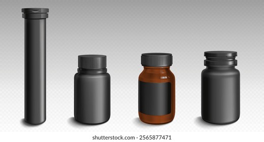 Black pharmaceutical containers of different sizes for storing medical products, vitamins, tablets.. Tall, wide and small closed cylindrical bottles and tubes with lid mockup. Realistic 3d vector set.