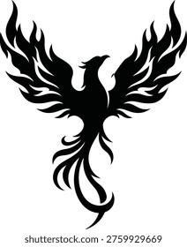 Black phoenix bird with flames on white background silhouette