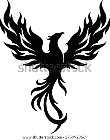 Black phoenix bird with flames on white background silhouette