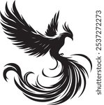 Black Phoenix Bird, Flying Silhouette. Phoenix Bird Fantasy Silhouette Front