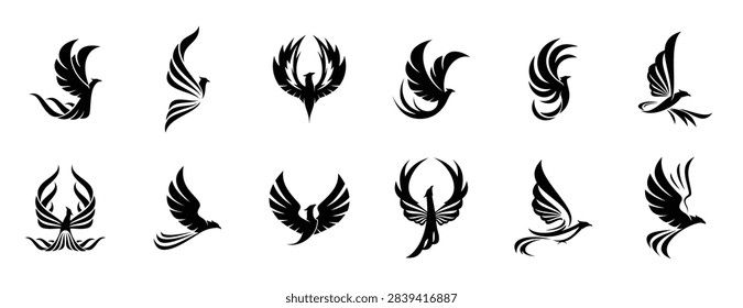 Black phoenix bird icon with fire wings and flaming feathers. Vector Fenix firebird, fire eagle, falcon or hawk flying with raised wings. Fantasy phoenix bird silhouettes for tattoo or heraldry, vector illustration.