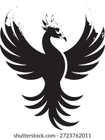 Black phoenix bird with spread wings and fiery mane on a white background representing rebirth and mythical beauty in a stylish illustration.