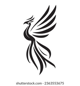 "Black Phoenix Bird Vector Silhouette: Logo, Symbol, or Tattoo Design on a White Background"