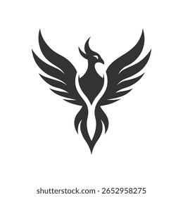 Black Phoenix Illustration with Outspread Wings on White Background bird mythical