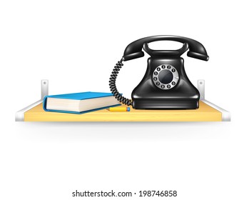 Black phone, address book, pencil on the shelf. Call Illustration
