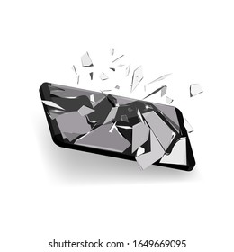 Black phone with broken screen on the white background. Vector element for your design.