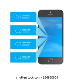 Black phone design with blue numbered infographic text boxes and blue sky background with clouds  Eps 10 stock vector illustration 