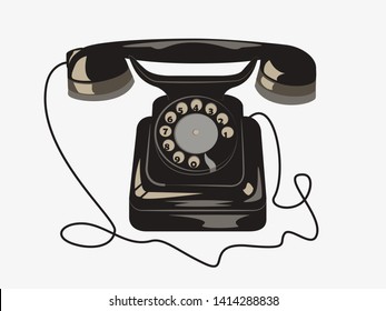 Black phone with a dial disk, handset, and wire. Isolated old phone vector illustration. Vintage phone design and old-fashioned communication device.