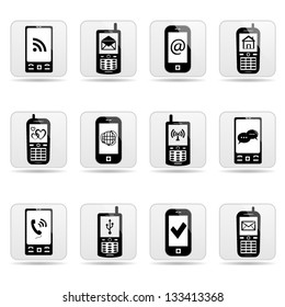 Black phone icons with signs on screen set on gray. Vector.