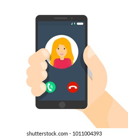 Black phone interface. Incoming call on smartphone screen. Hand hold mobile. Calling service. Flat vector illustration. Isolated on white