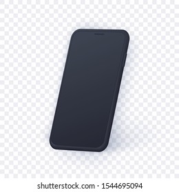 Black phone mock up in perspective view.  Vector realistic 3d render. Cellphone smart gadget with blank screen isolated on transparent background.