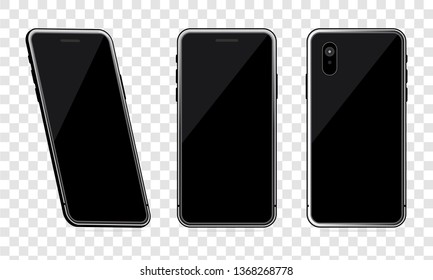 Black phone mock up set on white background, Realistic perspective smartphone mock ups set isolated. Vector illustration for printing and web design element, Game and application mock up