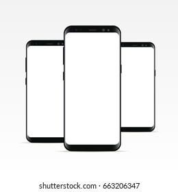 Black phone Samsung Galaxy S8 with blank screen isolated. Three responsive screens mockups to showcase your app or mobile web site design. Vector illustration