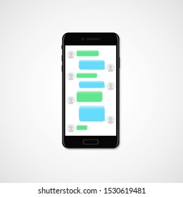 Black phone and short message service bubbles with place for text chat text boxes in the screen. Empty messaging bubbles.