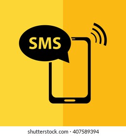 Black phone SMS vector icon illustration. Yellow background