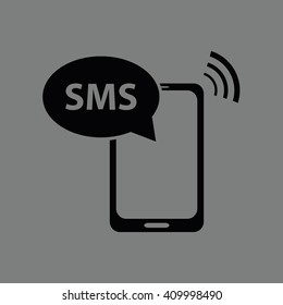 Black phone SMS vector icon illustration. Gray background