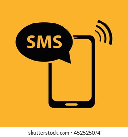 Black phone SMS vector icon illustration. Yellow background