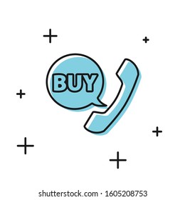 Black Phone and speech bubble with text Buy icon isolated on white background. Online buying symbol. Supermarket basket symbol.  Vector Illustration