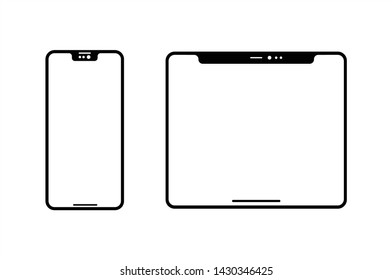 Black phone and tablet with blank white screen. Realistic phone icons vector illustration.
