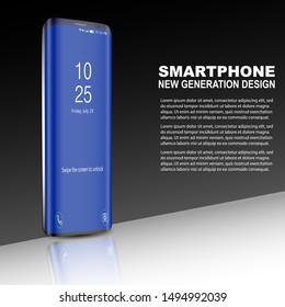 Black phone with touch screen  on black background with reflection and shadow, text "new generation Design", website template, vector illustration