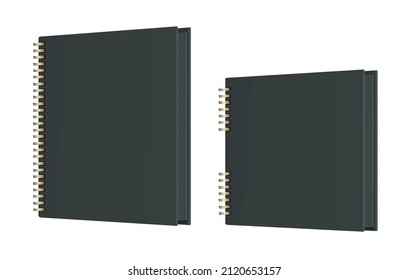 Black Photo albums or book with black pages and golden spirals. Vector realistic Mockup. Square and vertical shape. Empty Templates. Standing closed books with hardcover. EPS10.