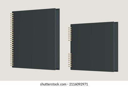 Black Photo albums or gift books with black pages and golden spirals. Vector realistic Mockup. Square and vertical shape. Empty Templates. Standing closed books with hardcover. EPS10.