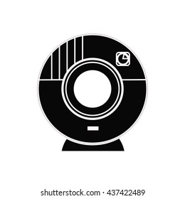 black photo camera with application on background gradient