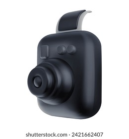 Black photo camera in bright cartoon 3d style. Cute modern minimal vector illustration.