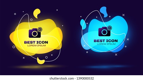 Black Photo camera and gear icon isolated. Adjusting app, service concept, setting options, maintenance, repair, fixing. Set of liquid color abstract geometric shapes. Vector Illustration