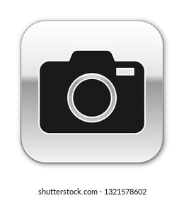 Black Photo camera icon isolated on white background. Foto camera icon. Silver square button. Vector Illustration