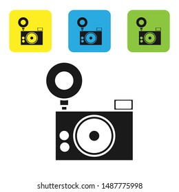 Black Photo camera icon isolated on white background. Foto camera icon. Set icons colorful square buttons. Vector Illustration