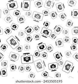 Black Photo camera icon isolated seamless pattern on white background. Foto camera. Digital photography.  Vector