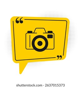 Black Photo camera icon isolated on white background. Foto camera. Digital photography. Yellow speech bubble symbol. Vector