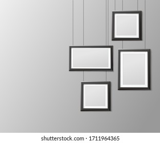 Black photo frame mockup set hanging from above on strings - blank photograph or picture collection design template. Realistic vector illustration.