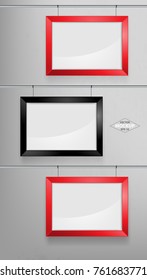 Black photo frame Mockup Vector Illustration. Empty red photo frames mockup on a concrete wall