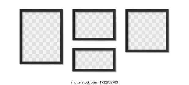 Black photo frames. Blank modern simple image square borders with shadow for gallery. Isolated art framing design vector realistic 3D mockups. Elegant minimalistic decor for interior