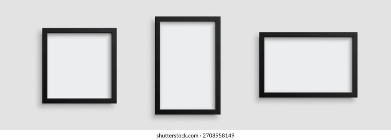 Black photo frames. Certificate or picture minimalist frames of rectangular and square shapes isolated on light . Empty gallery mockup. 3d realistic vector illustration.
